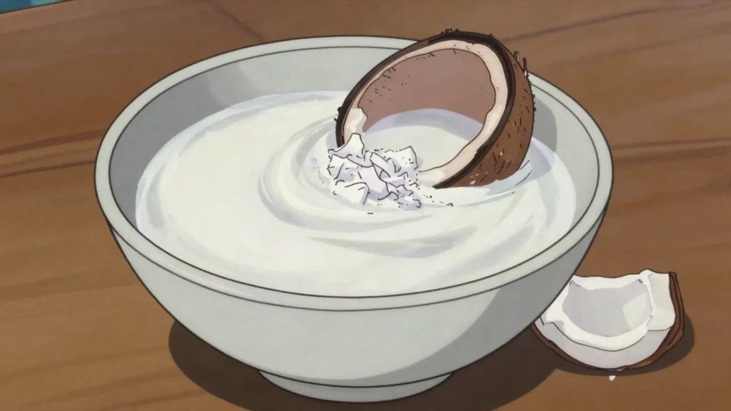 Ilaot, thick coconut cream pressed from grated flesh; poured over taro and fish, Palau sauce & condiment, anime style