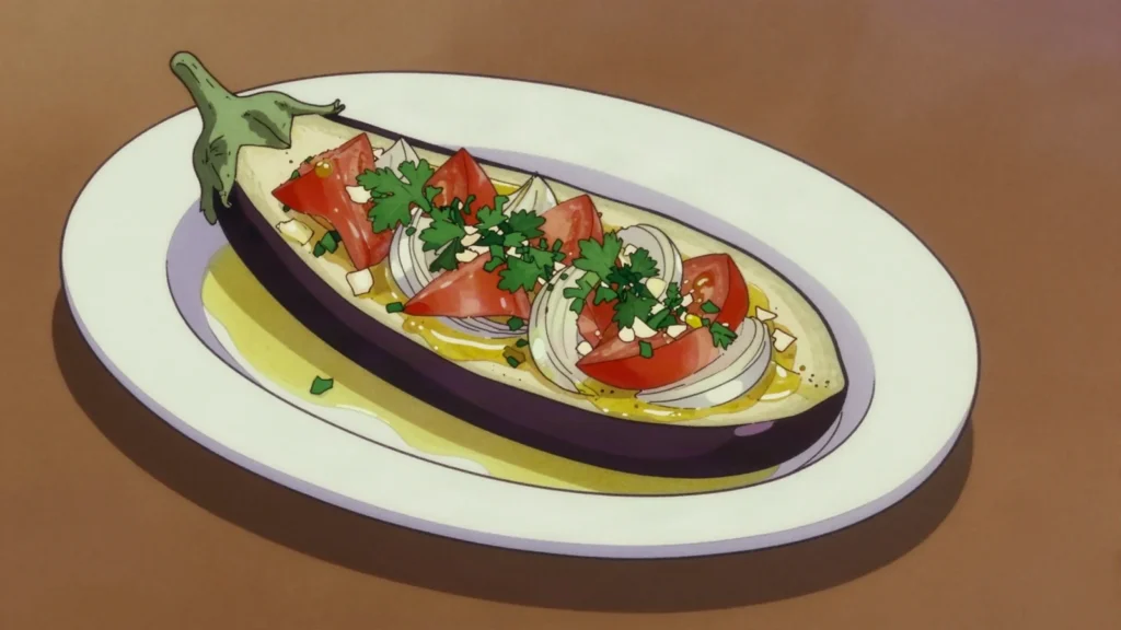 Imam bayildi, whole eggplant braised in olive oil with onion, tomato and garlic, Turkey main, anime style