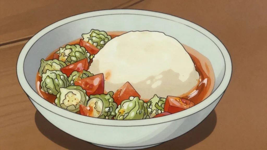 Impwa, small pale bitter eggplants stewed whole or pounded with groundnut, Zambia salad & side, anime style
