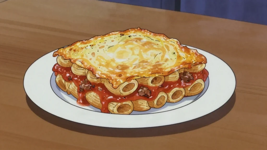 Imqarrun il-forn, baked macaroni in meat and tomato sauce, set firm and cut in squares, Malta main, anime style