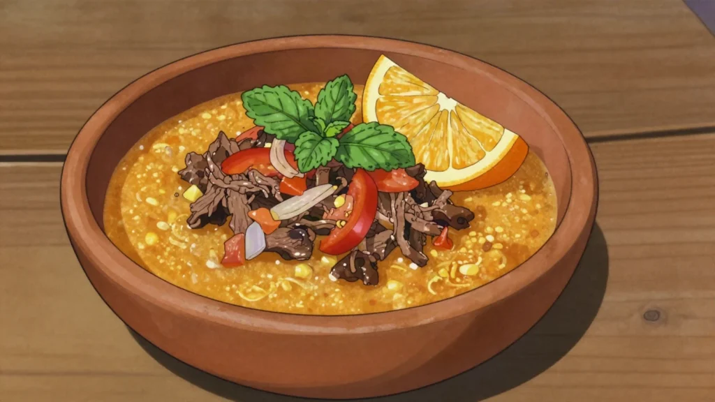 Indio viejo, shredded beef and corn masa stew with mint and sour orange, Nicaragua main, anime style