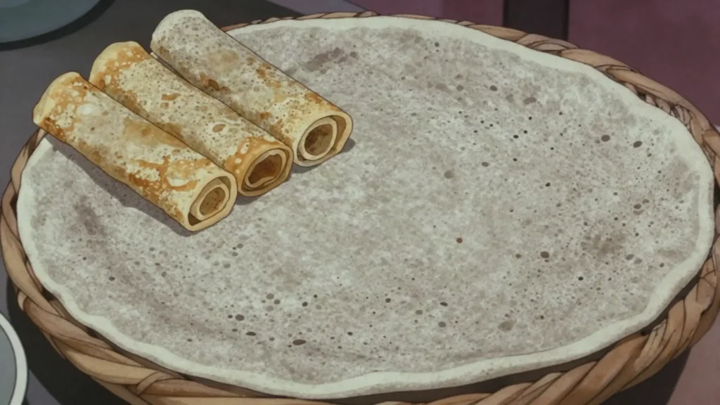 Injera, spongy sourdough flatbread, called taita; foundation and utensil of every meal, Eritrea bread & pastry, anime style