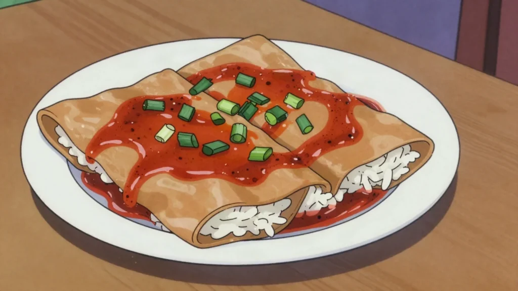 Injogogi-bap, chewy soy 'artificial meat' rolls stuffed with rice and brushed with, North Korea street food, anime style
