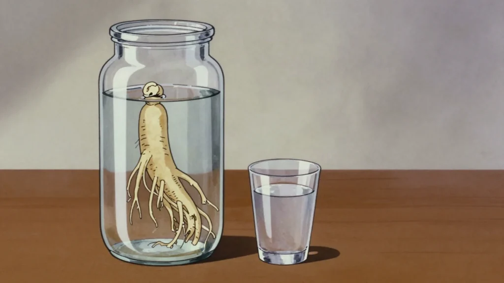 Insamju, clear liquor steeped with a whole Kaesong ginseng root in the bottle, North Korea wine & spirit, anime style
