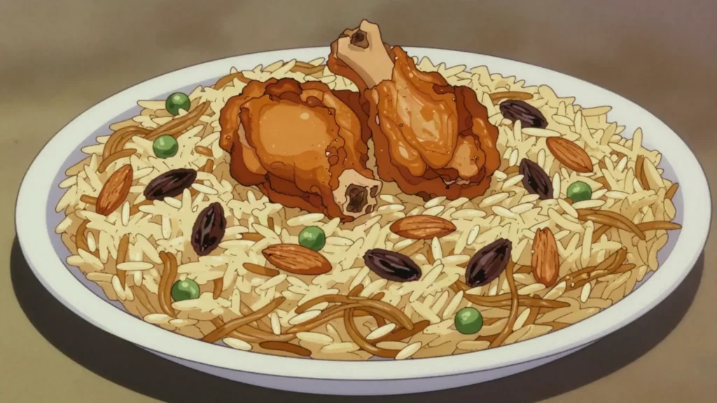 Iraqi biryani, rice with vermicelli, raisins, nuts, peas and fried chicken, tossed at the table, Iraq main, anime style