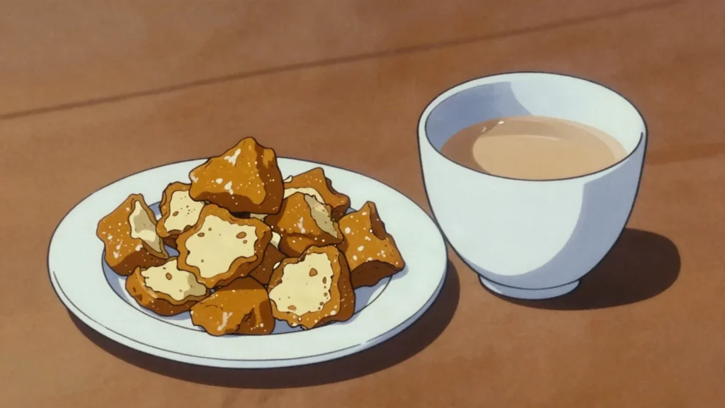 Irimshik, caramel-hued dried curd cheese, crumbled or nibbled, Kazakhstan cheese & dairy, anime style