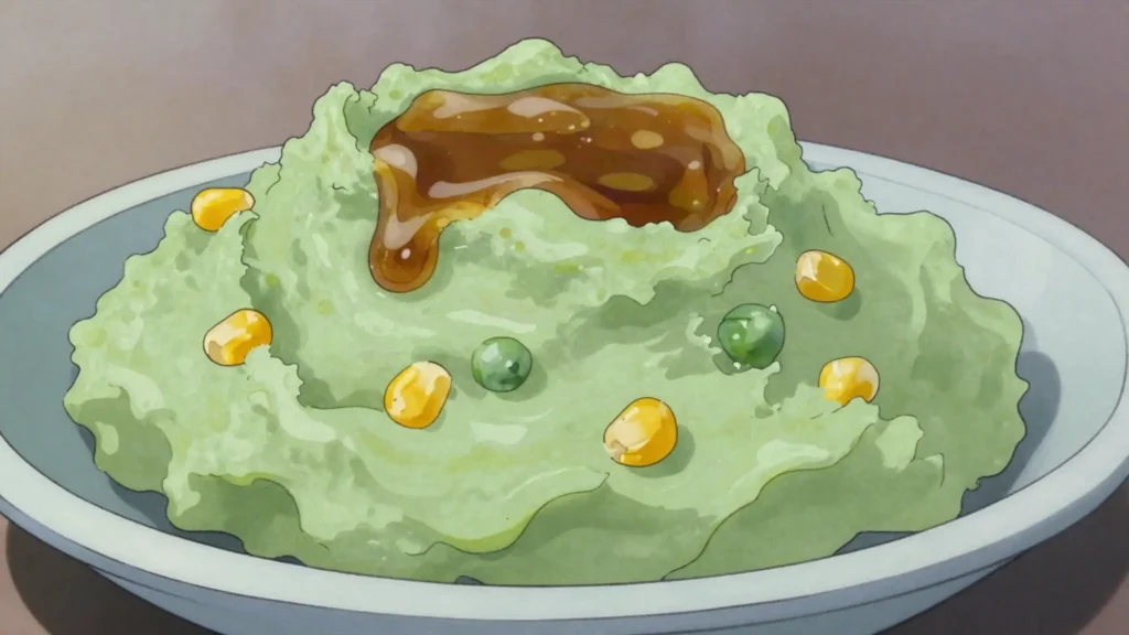 Irio, mashed potatoes with peas and whole maize kernels, Kenya salad & side, anime style