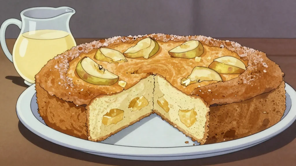 Irish apple cake, spiced apple cake served warm with custard, Ireland dessert, anime style