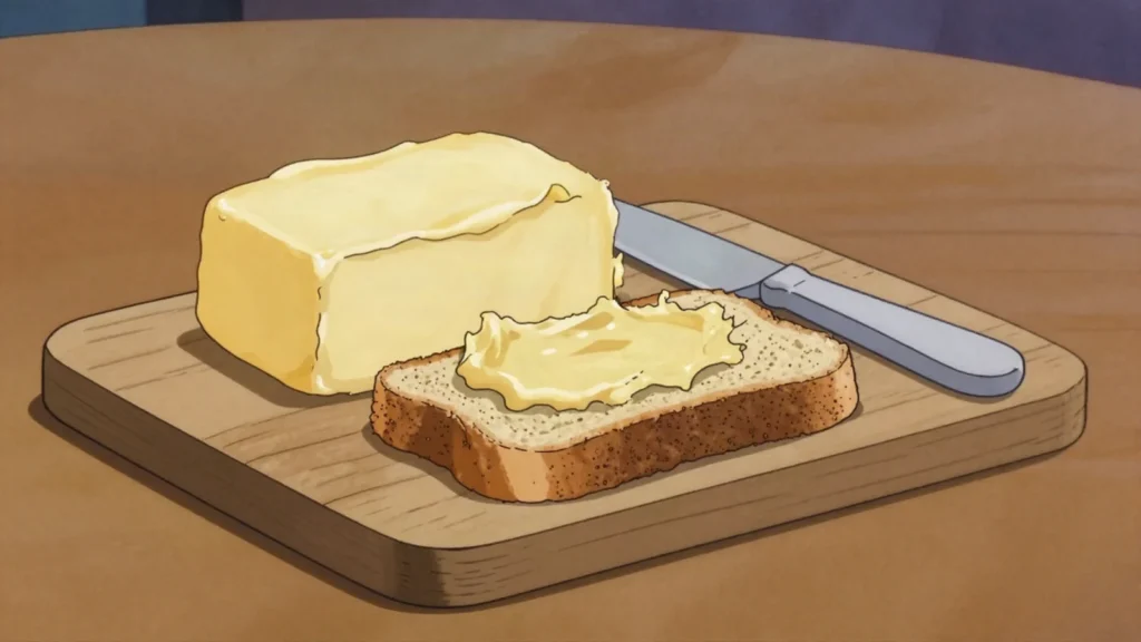 Irish butter, deep yellow butter from grass-fed herds, salted and spread thickly, Ireland cheese & dairy, anime style