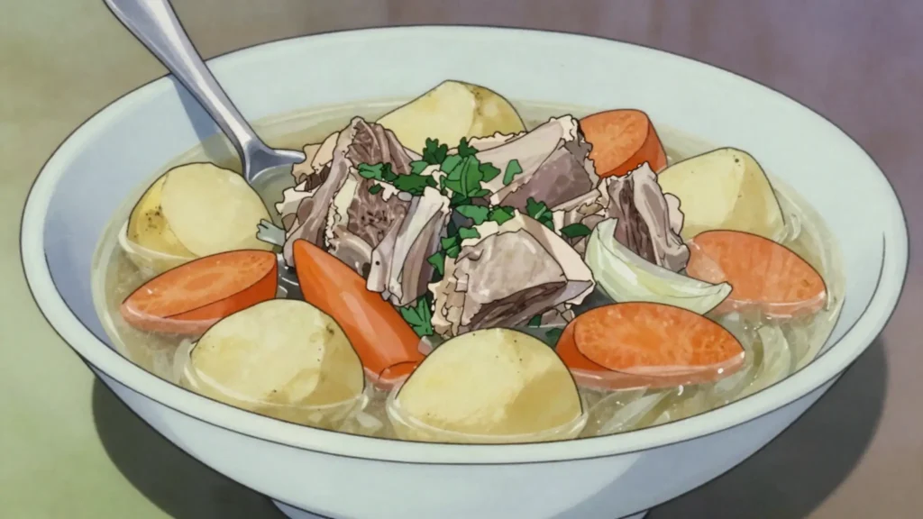 Irish stew, lamb, potatoes, onions, and carrots slow-simmered together, Ireland soup & stew, anime style