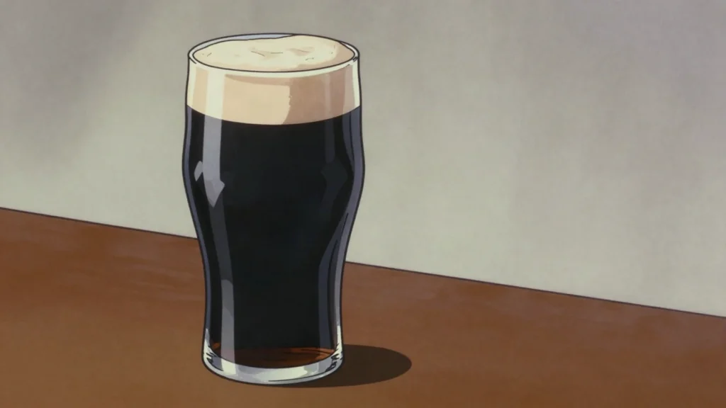 Irish stout, dry black beer with creamy head; the classic Guinness pint, Ireland wine & spirit, anime style