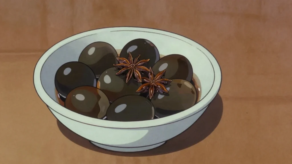 Iron Eggs, eggs repeatedly braised and air-dried until dark, chewy and intensely savoury, Taiwan snack, anime style
