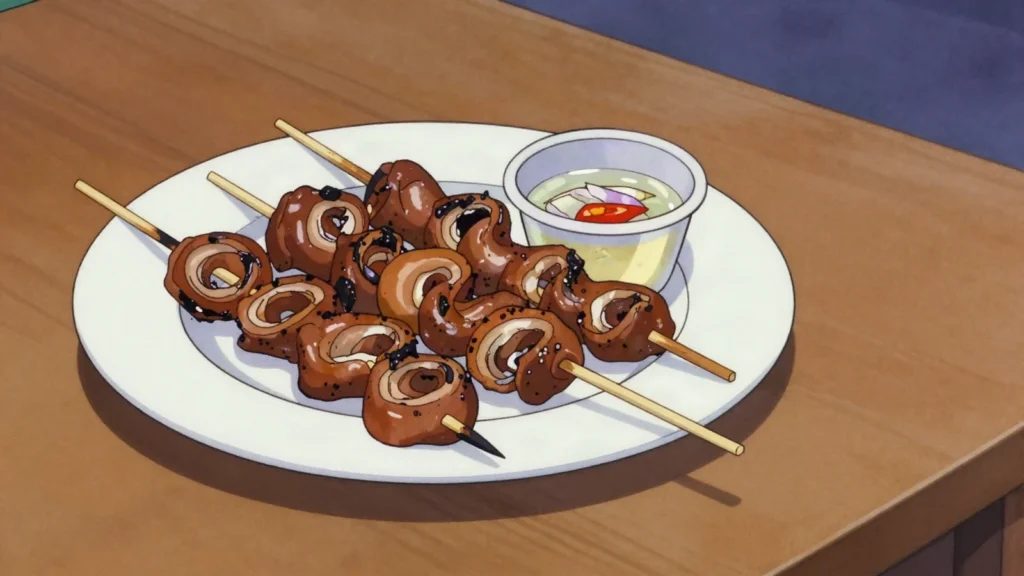 Isaw, charcoal-grilled chicken intestine skewers dipped in spiced vinegar, Philippines street food, anime style