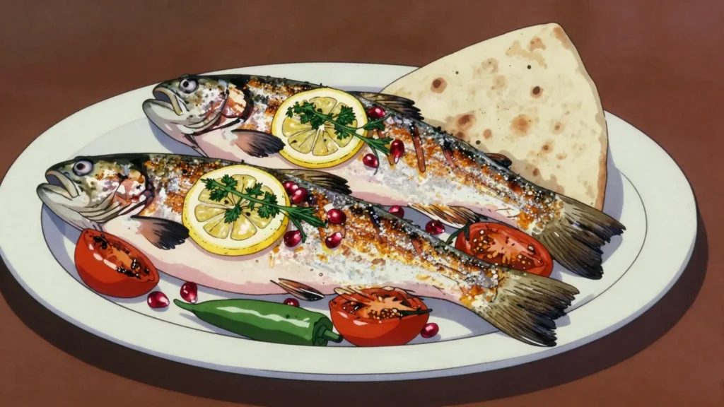 Ishkhan, lake Sevan trout grilled or poached with herbs, Armenia main, anime style