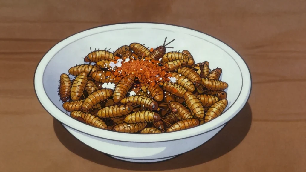 Ishwa, flying termites gathered at dusk and dry-fried until crackling, Zimbabwe snack, anime style