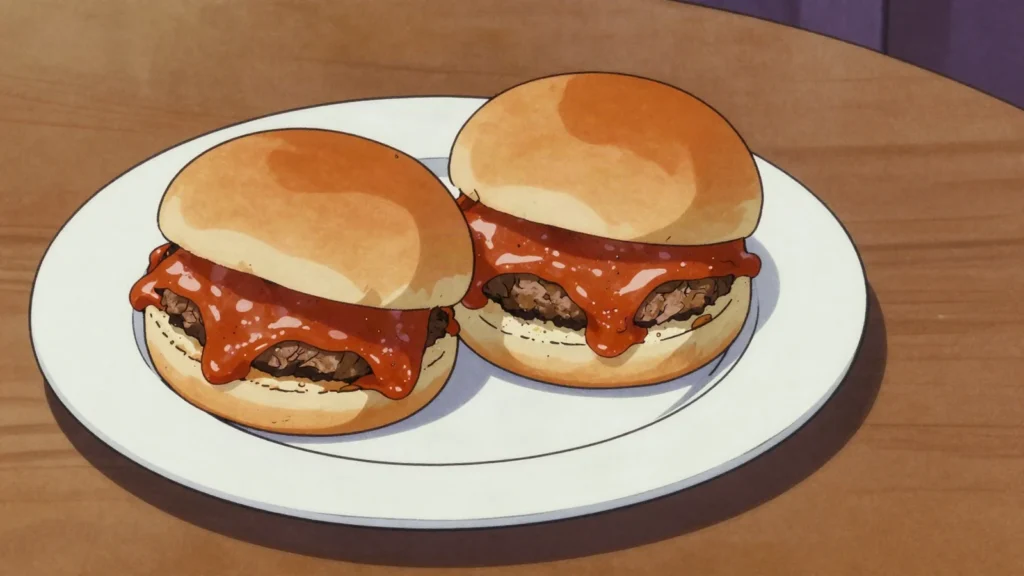 Islak burger, steamed burger soaked in garlicky tomato sauce, held warm in a glass cabinet, Turkey street food, anime style