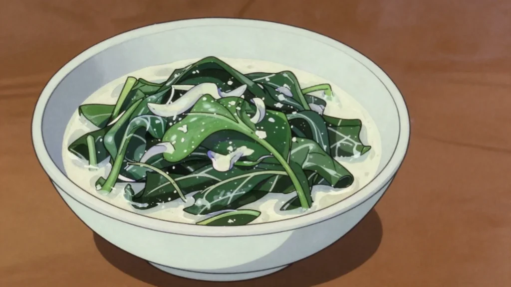 Island Cabbage, broad tender hibiscus-family leaves boiled in coconut milk, Vanuatu salad & side, anime style