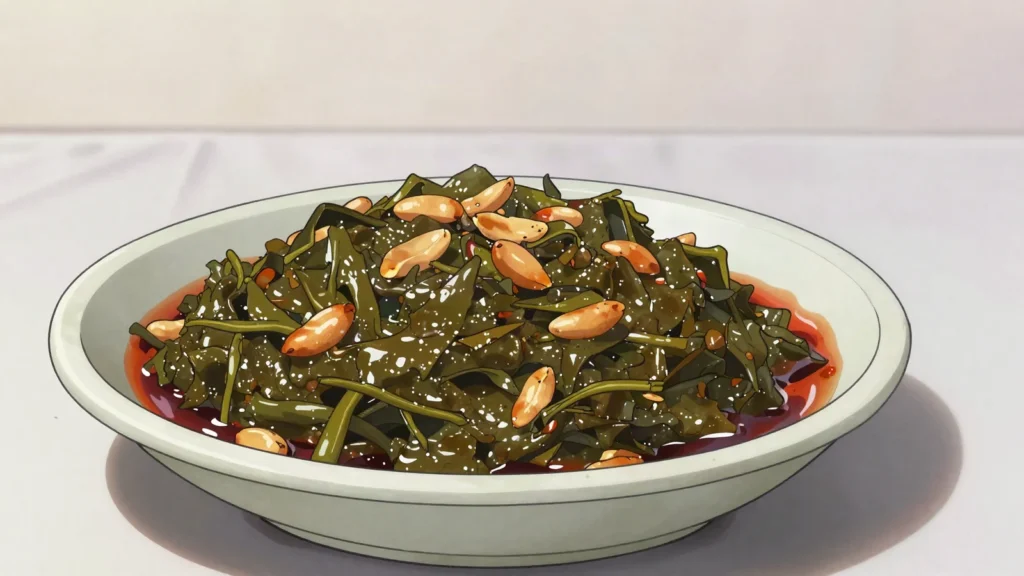 Isombe, pounded cassava leaves stewed with peanut paste and eggplant, Rwanda soup & stew, anime style