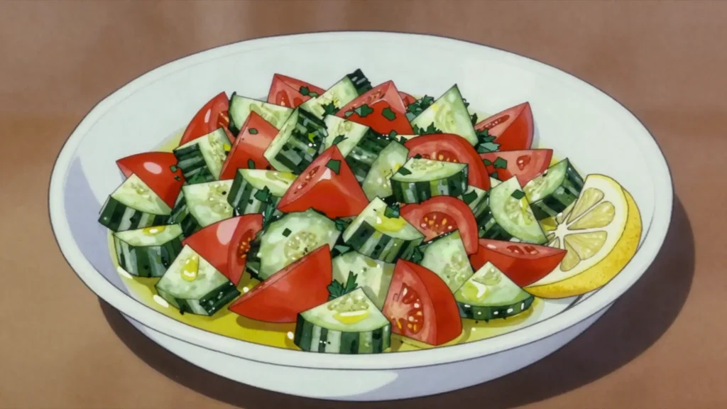 Israeli salad, finely diced cucumber-tomato salad with lemon and olive oil, Israel salad & side, anime style