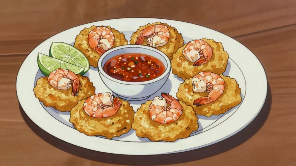 Isso Wade, crisp lentil fritter topped with whole prawns, sold along the Galle Face, Sri Lanka street food, anime style