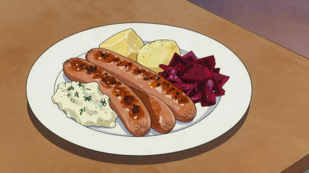 Isterband, coarse smoked pork and barley sausage, slightly sour, fried with potatoes, Sweden charcuterie & cured, anime style