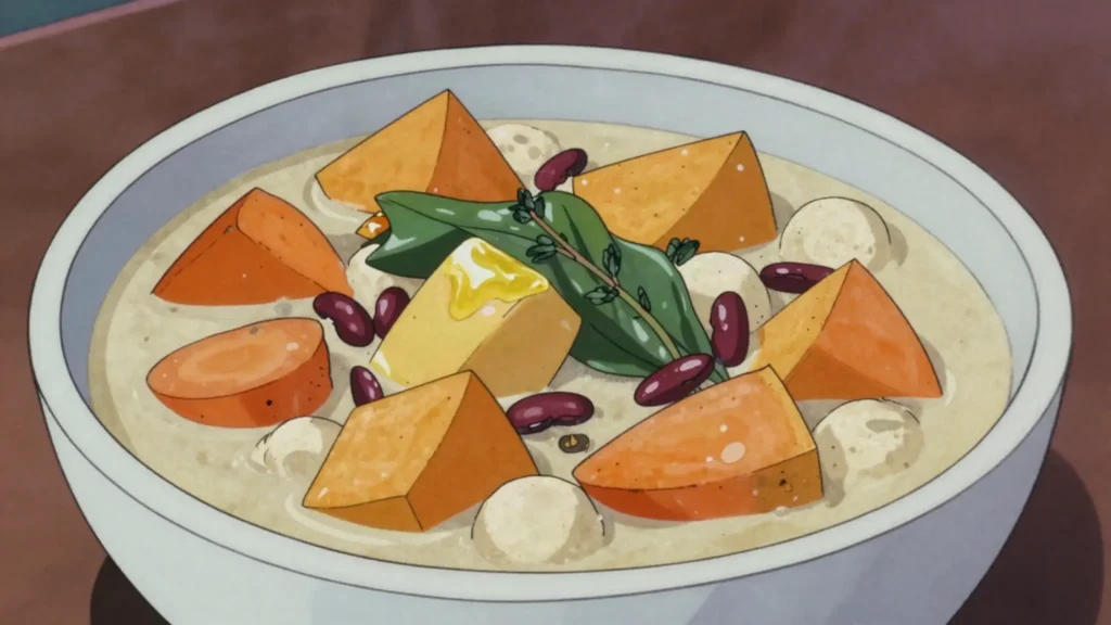 Ital stew, saltless vegan stew of coconut milk, vegetables and dumplings, Jamaica main, anime style