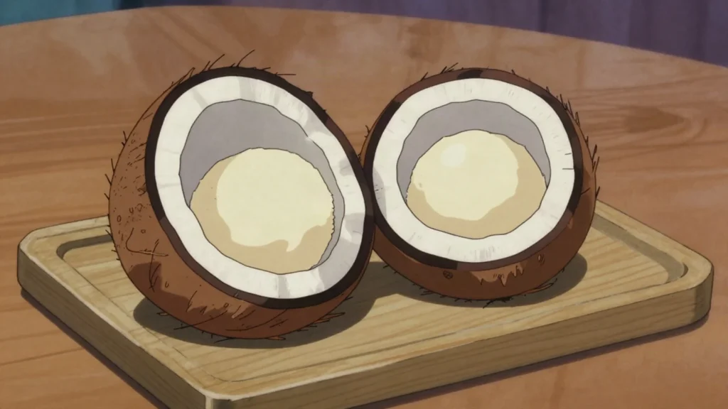 Iu, spongy sweet coconut embryo scooped from a sprouting nut, eaten raw, Marshall Islands snack, anime style