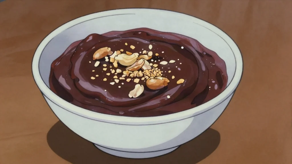 Izaquente, festive pudding of African breadnut seeds with palm oil and spices, São Tomé and Príncipe dessert, anime style