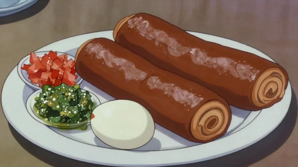 Jachnun, yemenite rolled dough baked overnight, with grated tomato, zhug and egg, Israel breakfast, anime style