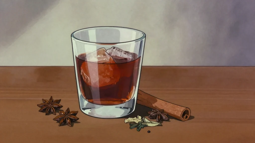 Jägermeister, dark bitter herbal liqueur of 56 botanicals, drunk ice cold, Germany wine & spirit, anime style