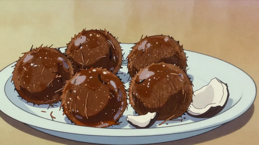 Jalao, ball of grated coconut boiled with molasses or honey until sticky, Dominican Republic dessert, anime style
