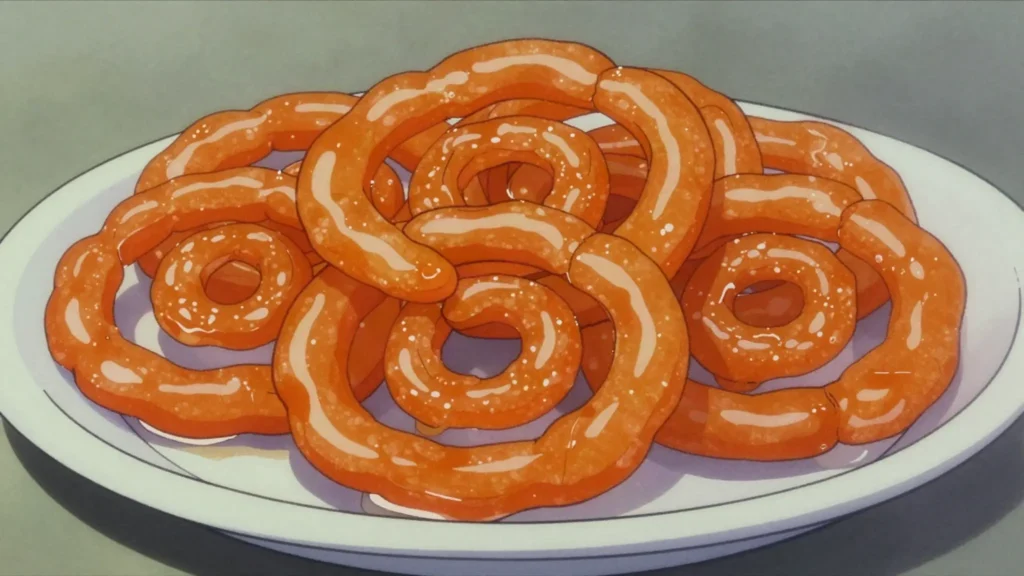 Jalebi, crisp fermented-batter spirals fried and dunked in saffron syrup, India dessert, anime style