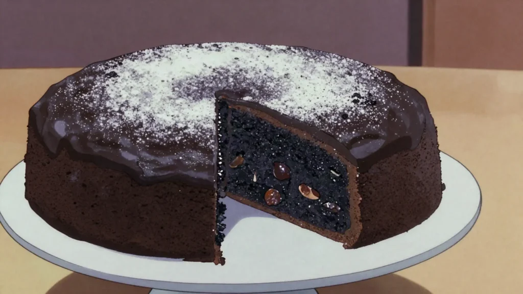 Jamaican Christmas cake, black cake of dried fruit steeped for months in rum and port, Jamaica dessert, anime style