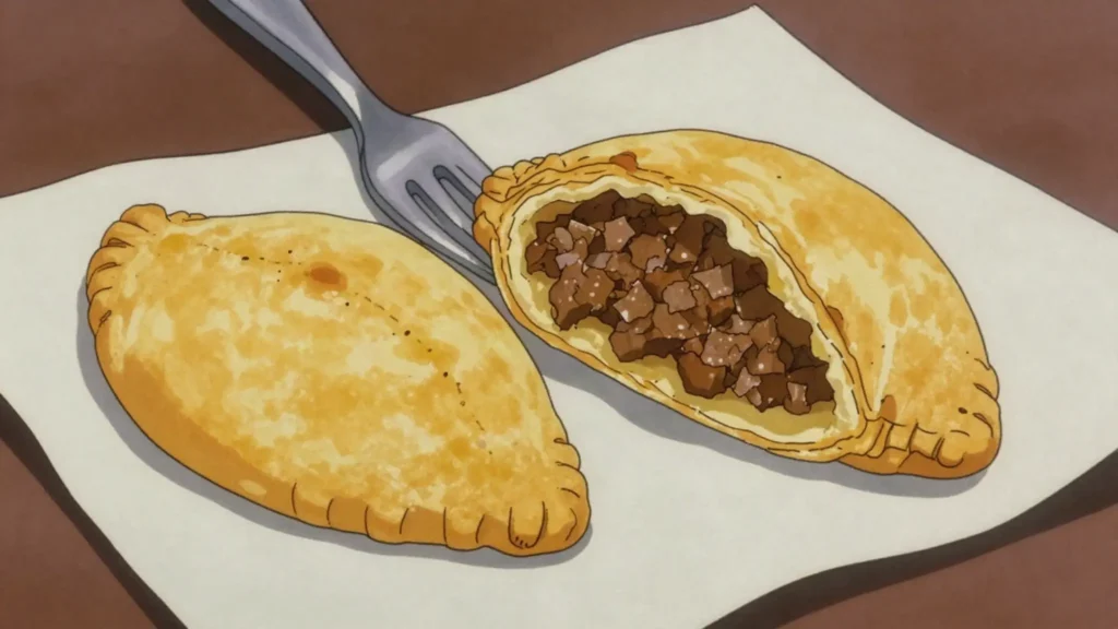 Jamaican patty, flaky turmeric pastry filled with spiced beef, Jamaica street food, anime style