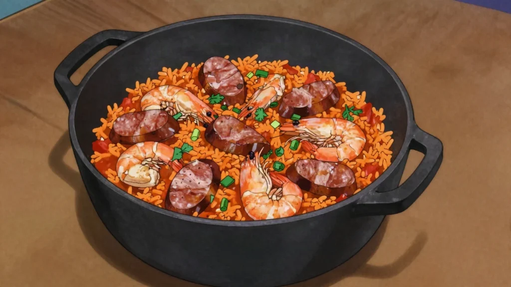 Jambalaya, creole rice cooked with sausage, chicken, and shrimp, United States main, anime style