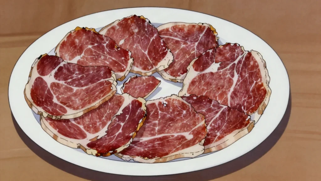 Jamón ibérico, acorn-fed cured ham hand-carved wafer thin, Spain charcuterie & cured, anime style