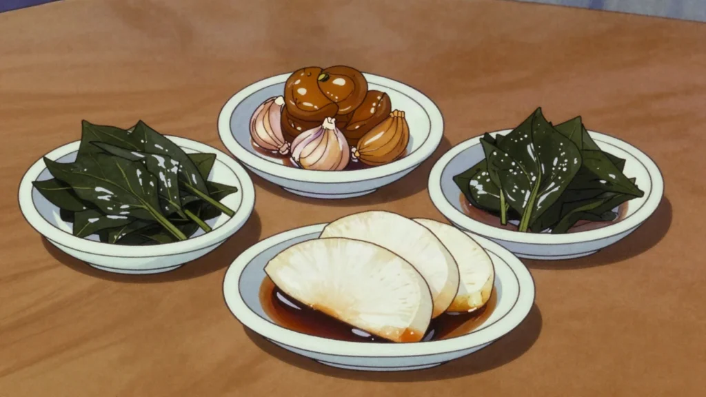 Jangajji, vegetables cured in soy sauce or soybean paste; salty long-keeping, North Korea fermented & pickled, anime style