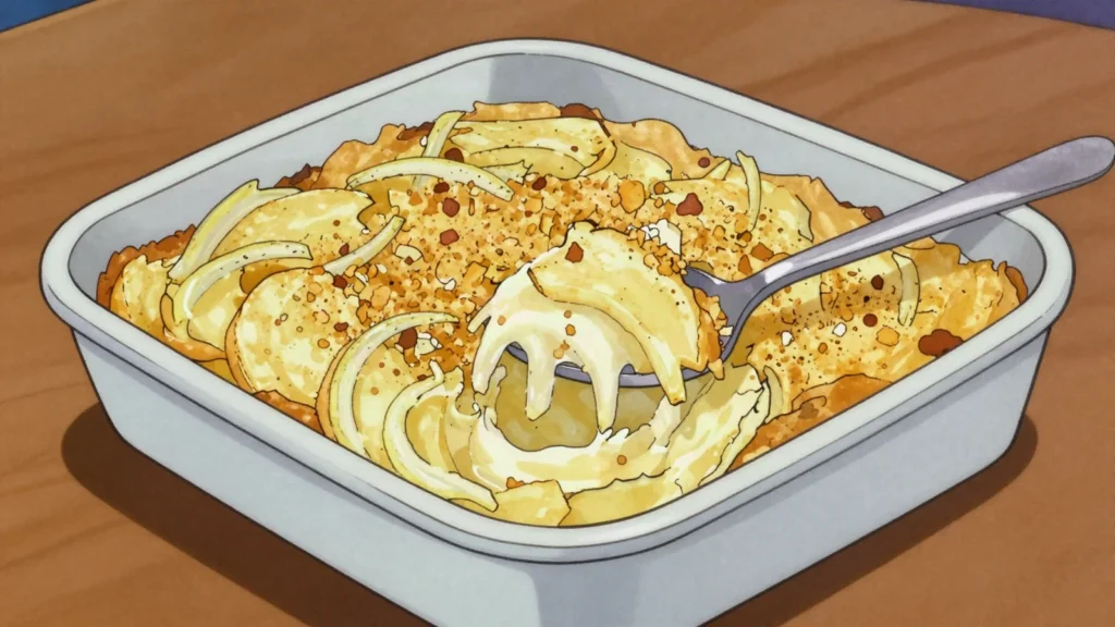 Jansson's temptation, creamy potato-anchovy gratin on Christmas tables, Sweden salad & side, anime style