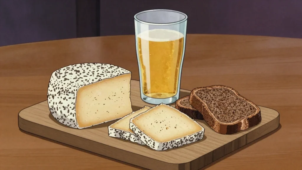 Jāņu siers, caraway-flecked curd cheese wheel for Midsummer Jāņi, Latvia cheese & dairy, anime style