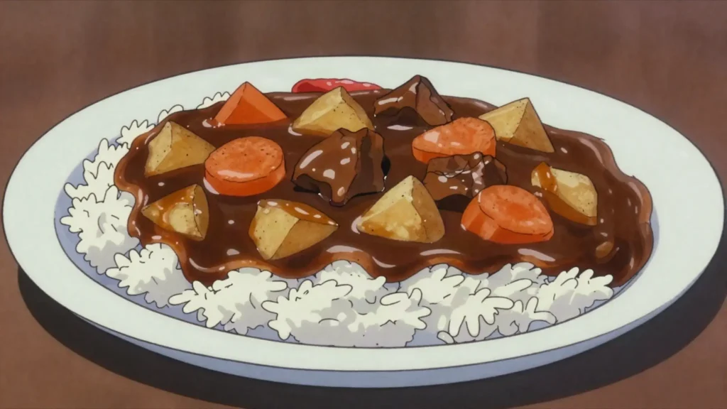 Japanese Curry Rice, thick mild curry with potatoes, carrots and meat over rice, Japan main, anime style