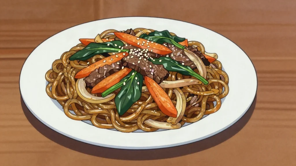 Japchae, sweet-potato glass noodles stir-fried with vegetables, beef and sesame, South Korea salad & side, anime style