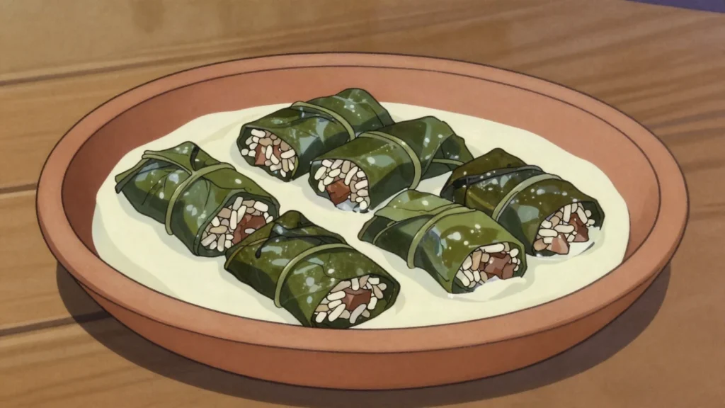 Japraci, collard-leaf rolls stuffed with minced meat, rice, Montenegro main, anime style