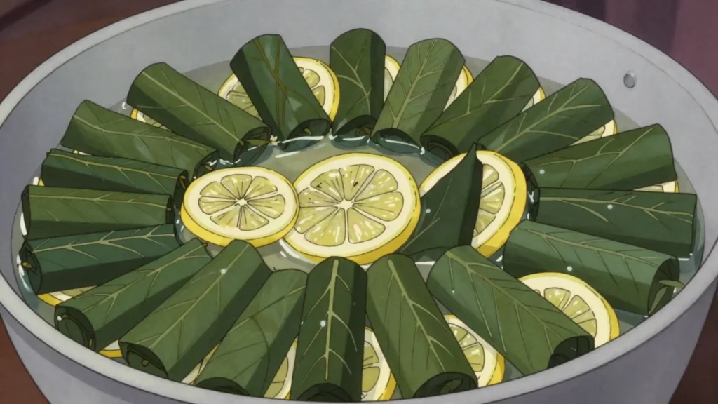 Japrak, vine or sour cabbage leaves rolled around rice and minced meat, Kosovo main, anime style