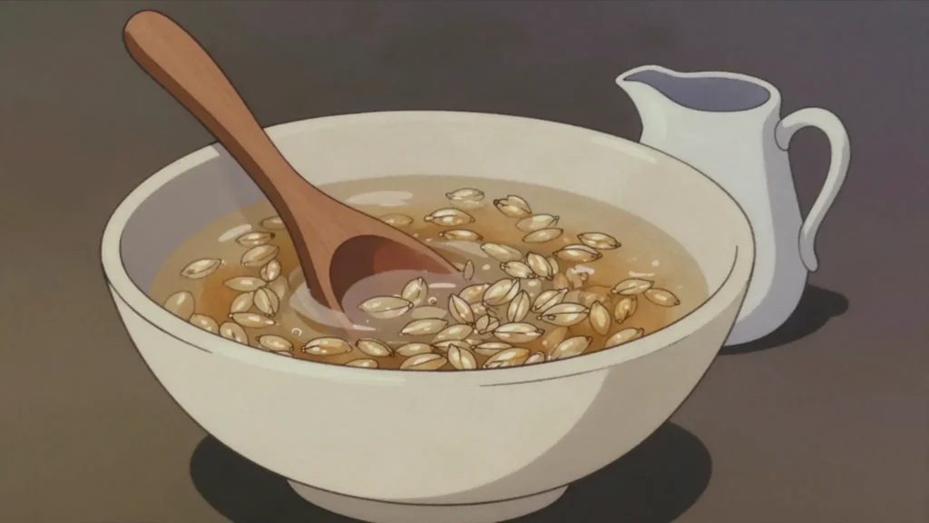 Jarma, cool barley drink thickened with ground grain and soured milk, Kyrgyzstan drink, anime style