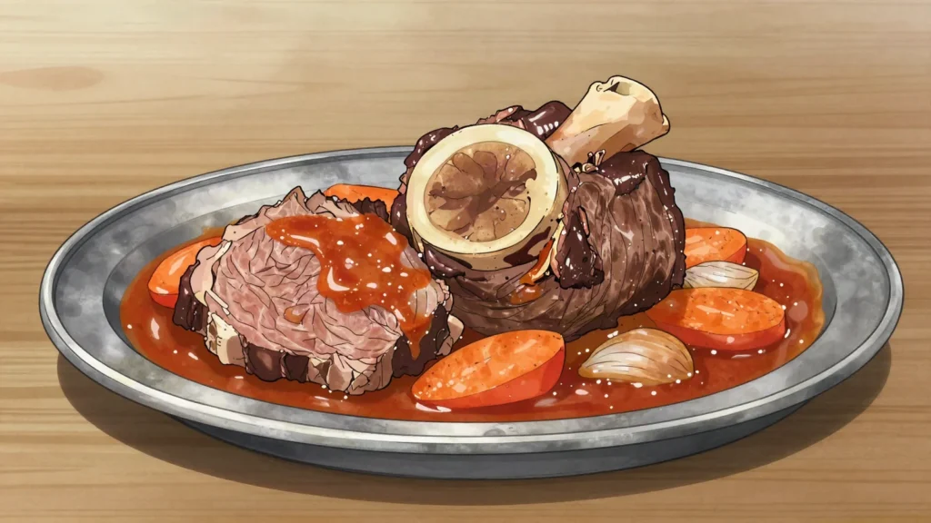 Jarret de boeuf, beef shank braised with vegetables; Chadian celebration classic, Chad main, anime style
