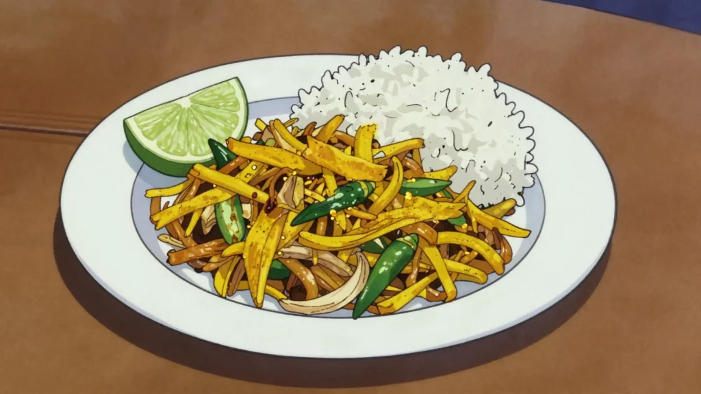 Jasheed, shredded baby shark cooked down with onion, turmeric and lime, Oman main, anime style