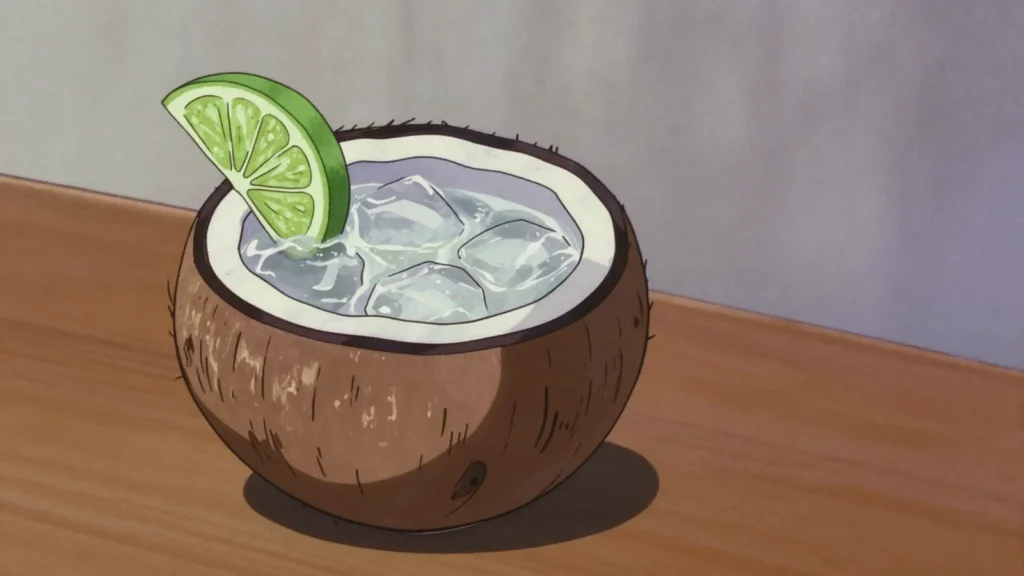 Jekaro, sweet coconut-blossom sap collected fresh each morning, Marshall Islands drink, anime style