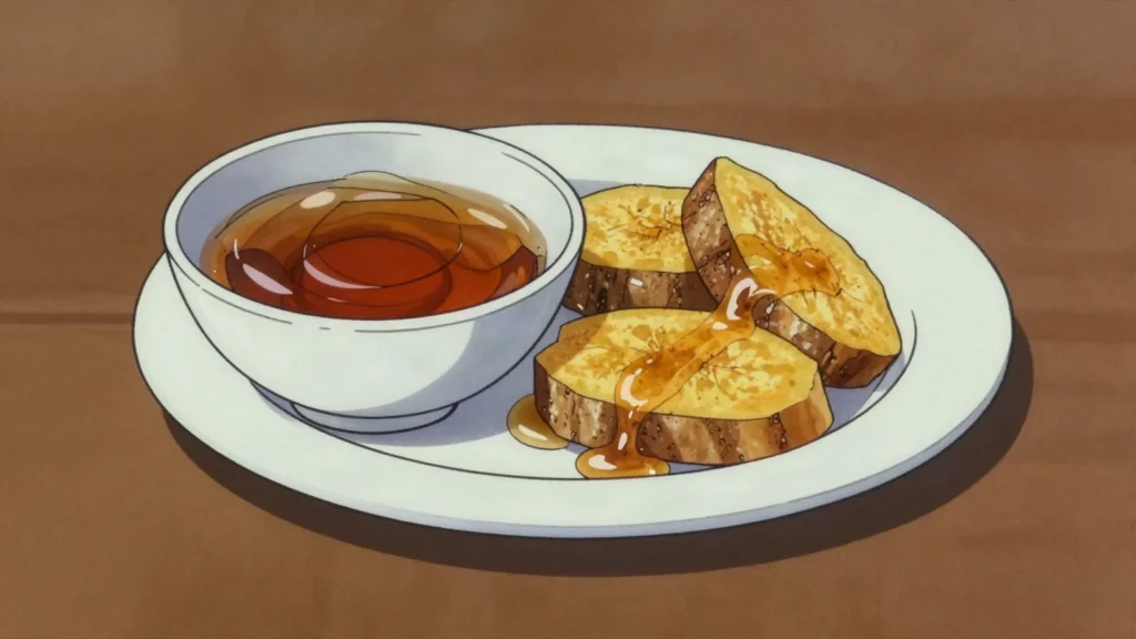 Jekmai, coconut sap boiled into amber syrup for drizzling and sweetening, Marshall Islands sauce & condiment, anime style