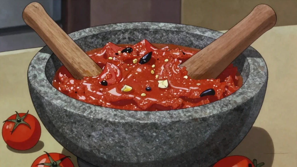 Jeow Mak Len, charred tomato pounded with chilli, garlic and padaek into a smoky dip, Laos sauce & condiment, anime style