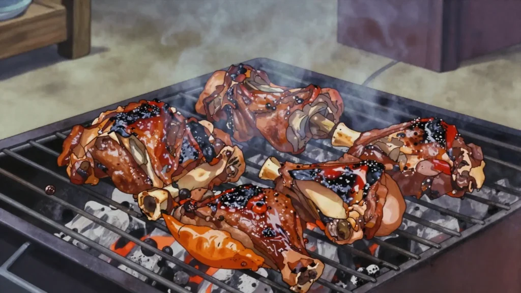 Jerk chicken, chicken in scotch bonnet-allspice marinade, smoked over pimento wood, Jamaica main, anime style